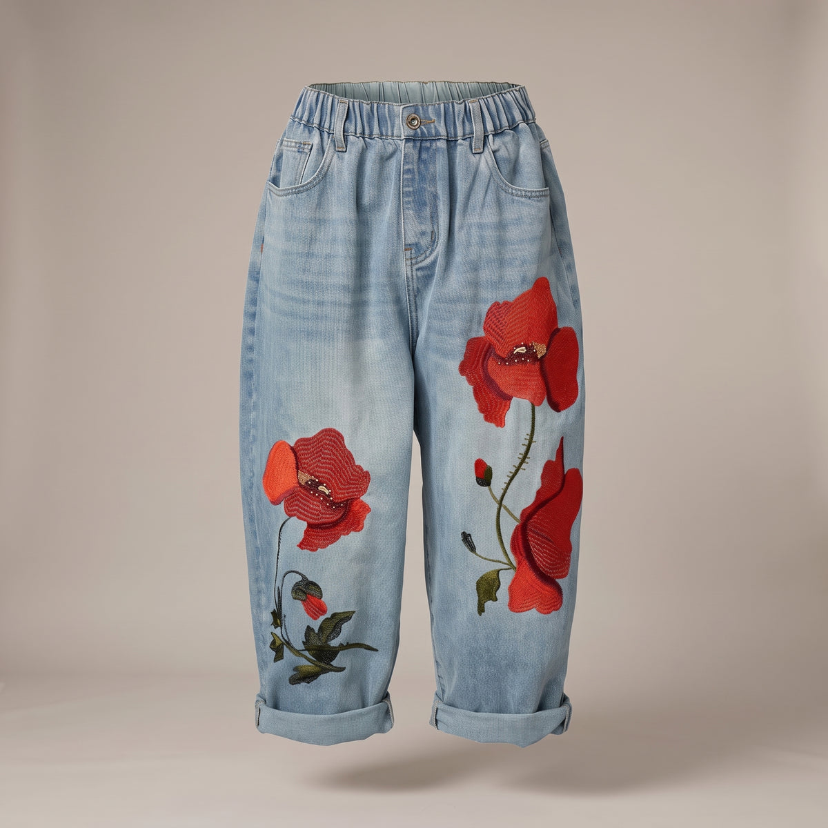 Jeans con ricamo di papaveri - davanti