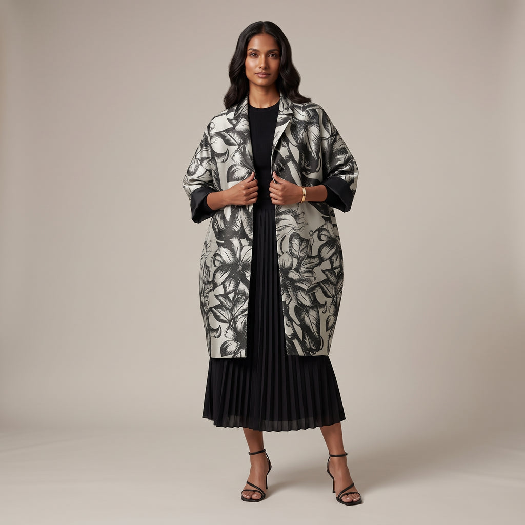 Giacca kimono a fiori effetto goffrato bianco indossata - davanti